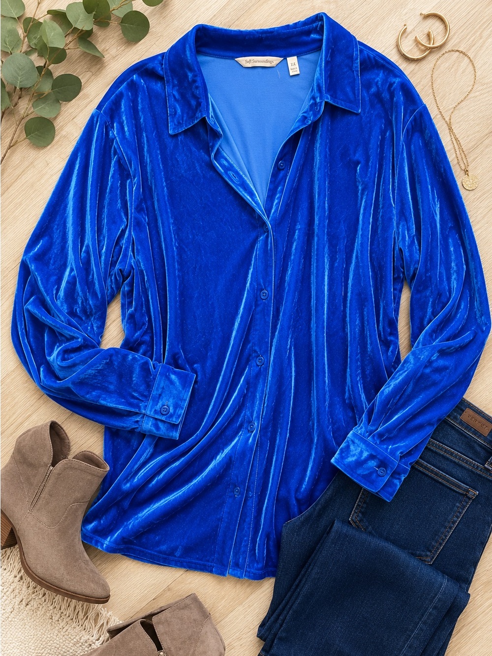 Soft Surroundings | Velvet Shimmer Button Front Blouse Top Blue | 2X | Stretch - Picture 2 of 6